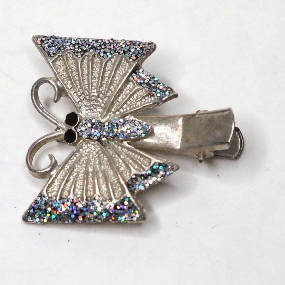 Mini Y2K Butterfly Alligator Clip Silver Tone Glitter Metallic Hair Accessory - Picture 7 of 9